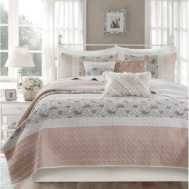 Olliix by Madison Park 6 Piece Blush Full/Queen Dawn Cotton Percale Reversible Coverlet Set-1