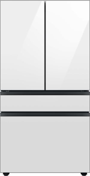 Front view of the Samsung Bespoke 36 In. 28.8 Cu. Ft. White Glass French Door Refrigerator