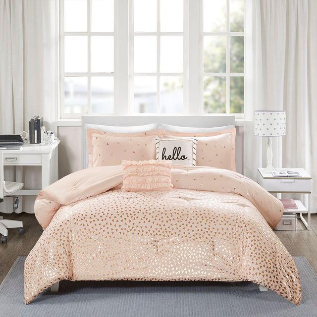 Olliix by Intelligent Design Zoey Blush and Rose Gold Twin/Twin XL Metallic Triangle Print Comforter Set-0