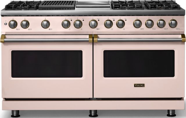 Viking® 5 Series 60" Blush Pro Style Dual Fuel (LP) Range with Brushed Brass Trim-0