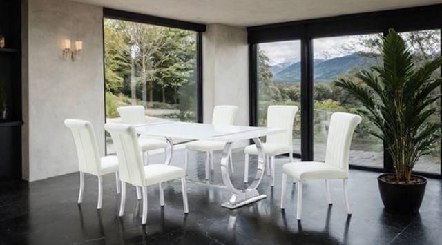 Furniture of America® Holbaek 7-Piece White 80" Dining Table Set with Silver Base-1