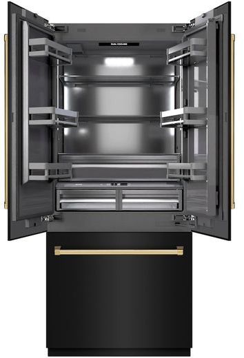 ZLINE Autograph Edition 36" 19.6 Cu. Ft. Black Stainless Steel Built In French Door Refrigerator with Graphite Gray Interior and Polished Gold Accents-2