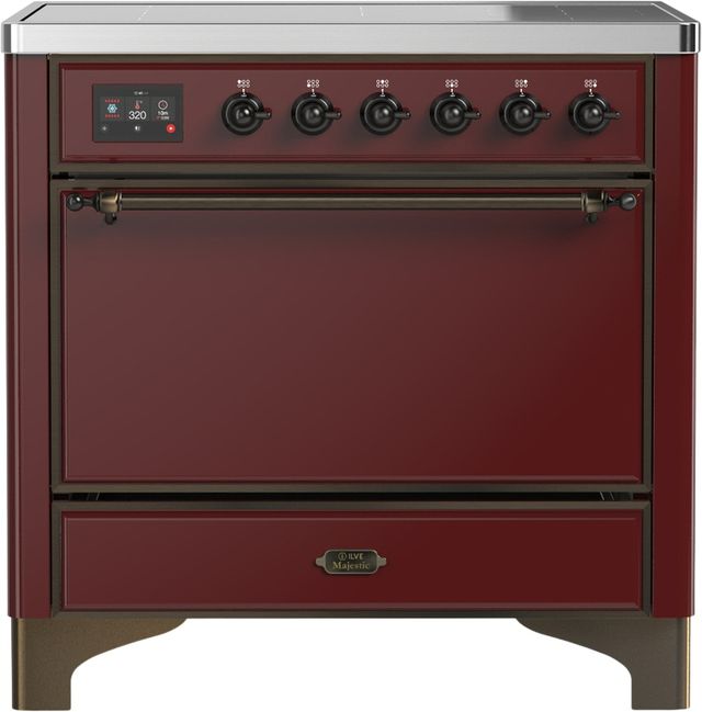 Ilve® Majestic III 36" Burgundy Pro Style Induction Range with Solid Door and Burnished Trim-0