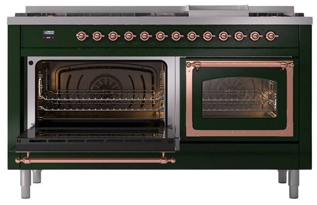 Ilve® Nostalgie II Noblesse 60'' Emerald Green Pro Style Dual Fuel Range with Copper Trim-3