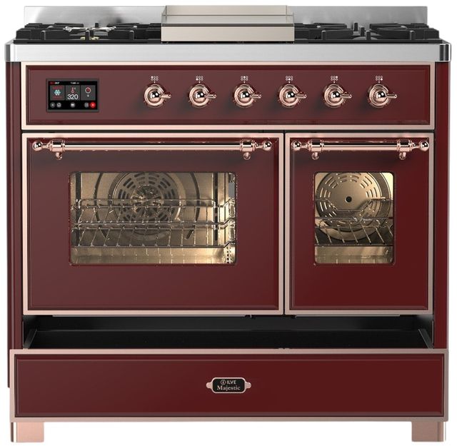 Ilve® Majestic III 40" Burgundy Pro Style Dual Fuel Natural Gas Range with Triple Glass Door and Copper Trim-2
