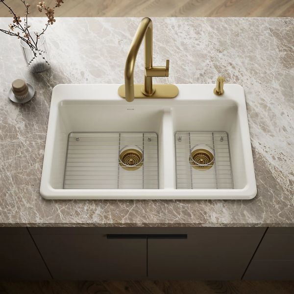 KOHLER® Riverby® Biscuit 33" 4-Faucet Hole Top-Mount Double-Bowl Kitchen Sink-1
