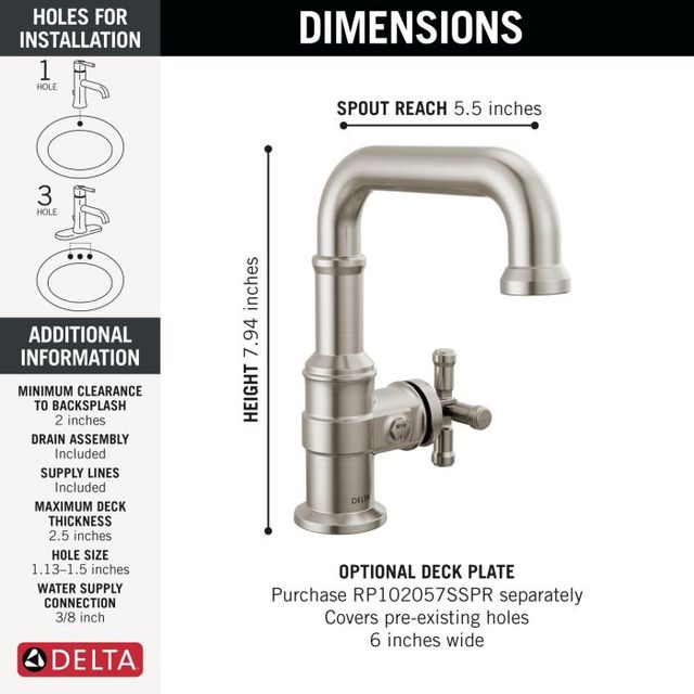 Delta Broderick® Lumicoat® Stainless Single Side Cross Handle Bathroom Faucet with Drain-1