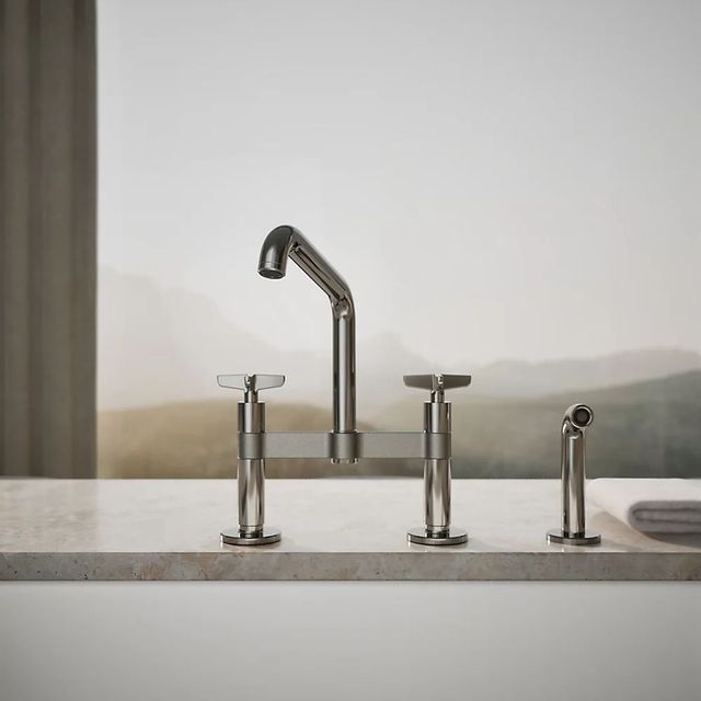 KOHLER® Billet® Vibrant Titanium 2-Hole Bridge Kitchen Sink Faucet with Side Sprayer-4
