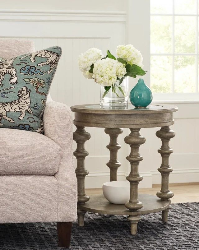 Hammary® Tigbee-Hamilton Glass Top Round End Table with Timberwolf Base-1