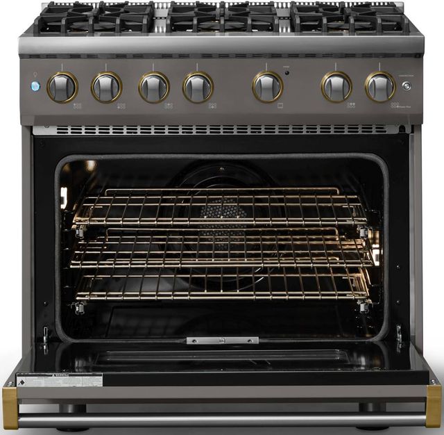 Viking® 5 Series 36" Damascus Gray Pro Style Gas (NG) Range with Brushed Brass Trim-1