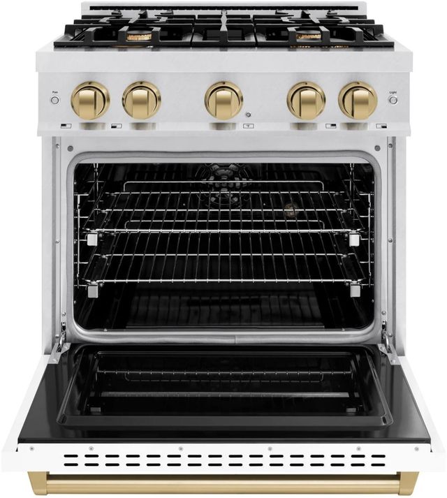ZLINE Classic Autograph Edition 30" Satin Stainless Steel Pro Style Dual Fuel Range with White Matte Door and Champagne Bronze Accents-1