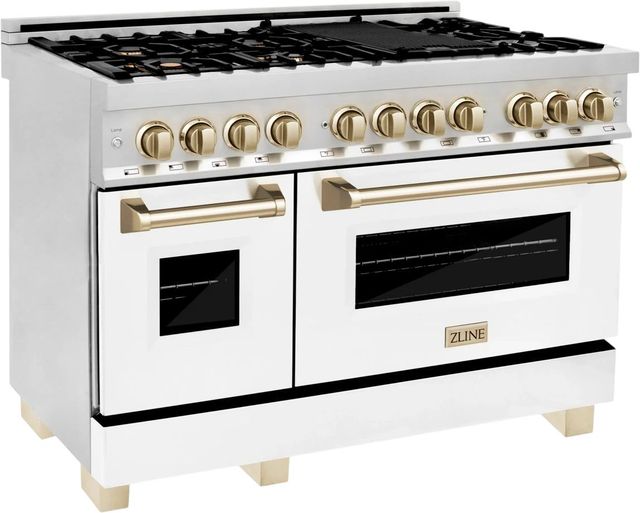 ZLINE Autograph Edition 48" Stainless Steel Pro Style Dual Fuel Range with White Matte Door and Polished Gold Accents-2