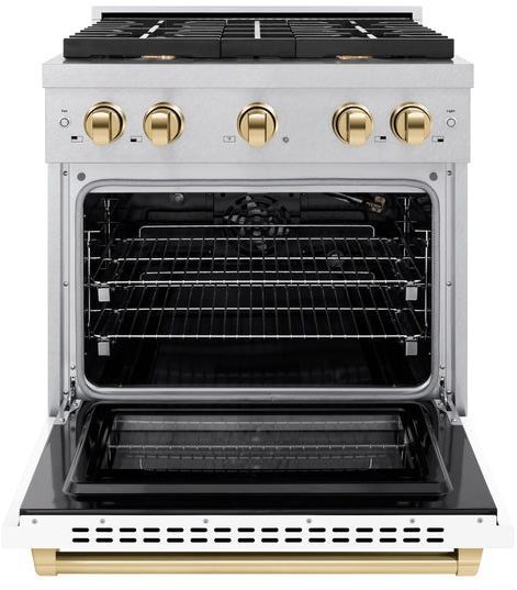ZLINE Autograph Edition 30" Satin Stainless Steel Pro Style Gas Range with White Matte Door and Polished Gold Accents-1