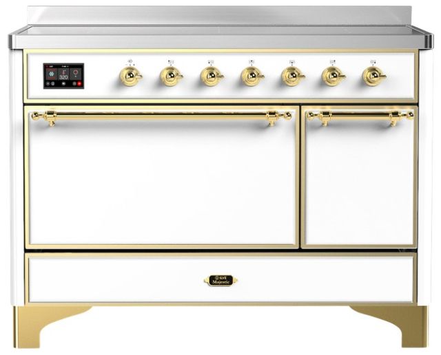 Ilve® Majestic III 48" White Pro Style Induction Range with Solid Door and Brass Trim-0