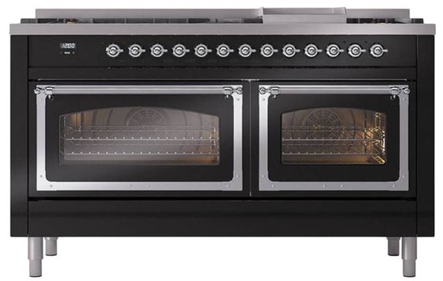 Ilve® Nostalgie II Noblesse 60'' Glossy Black Pro Style Dual Fuel Range with Chrome Trim-1
