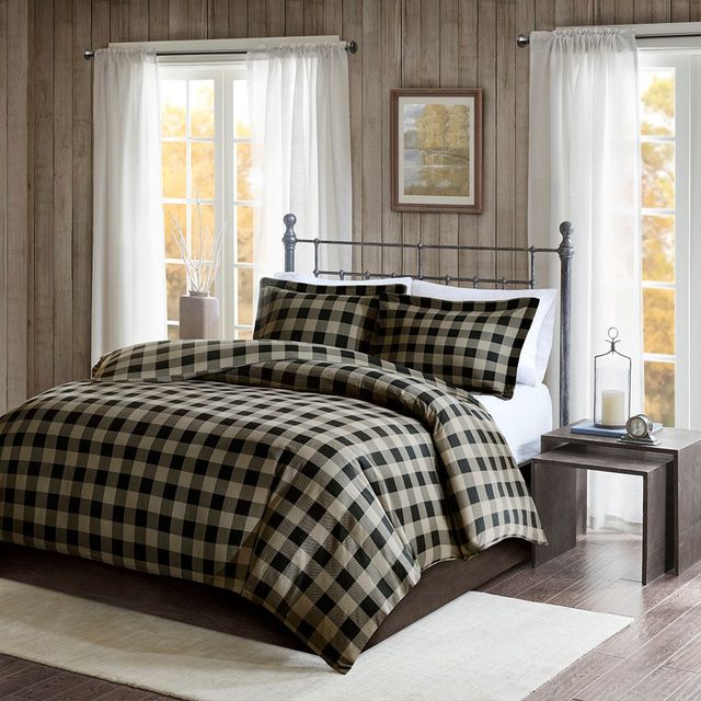 Olliix by Woolrich Black and Tan King/California King Flannel Check Print Cotton Duvet Cover Set-0