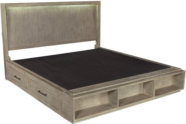 aspenhome® Platinum Gray Linen Queen Bookcase Storage Bed-1