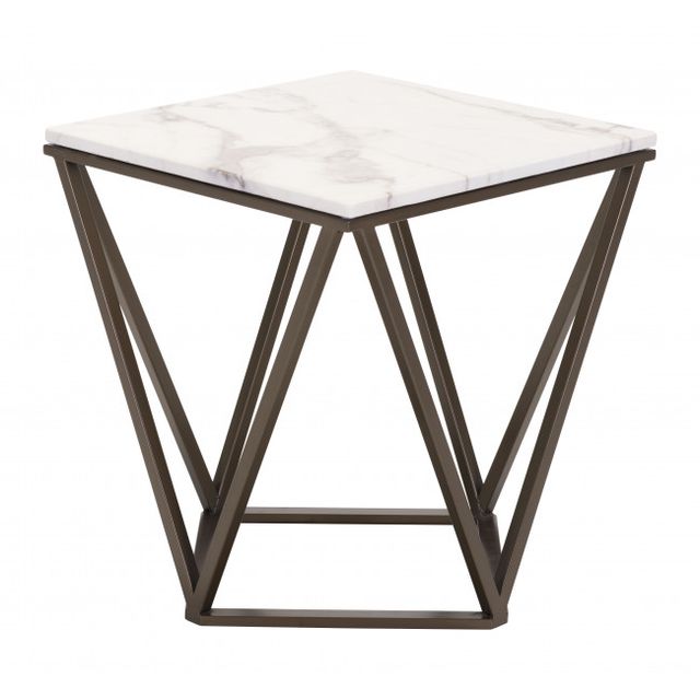 Zuo® Modern Tintern White Marble End Table with Antique Brass Base-1