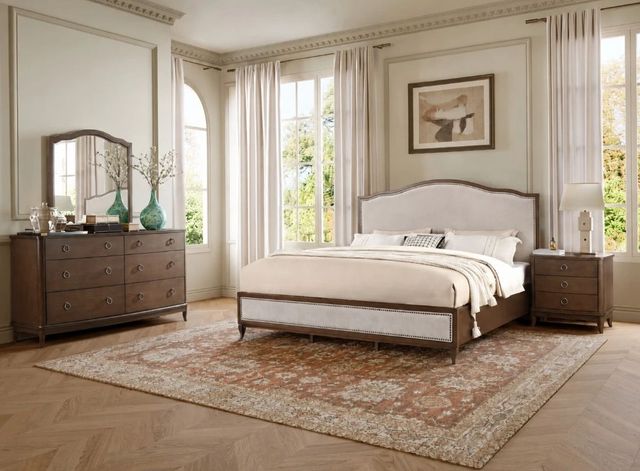Flexsteel® Bellevue 4-Piece Creamy Tan/Whiskey Brown Queen Upholstered Panel Bedroom Set-1