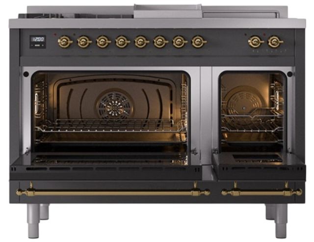 Ilve® Nostalgie II Noblesse 48'' Graphite Matte Pro Style Dual Fuel Range with Brass Trim-2