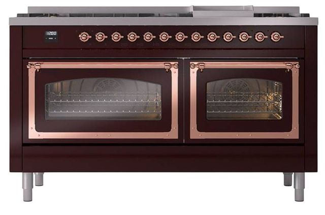 Ilve® Nostalgie II Noblesse 60'' Burgundy Pro Style Dual Fuel Range with Copper Trim-1