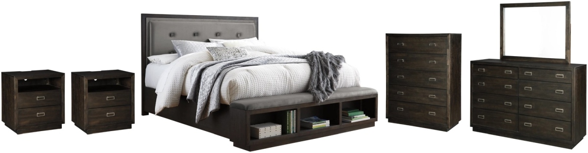 Signature Design by Ashley® Hyndell 6-Piece Dark Brown California King Upholstered Storage Panel Bed Set