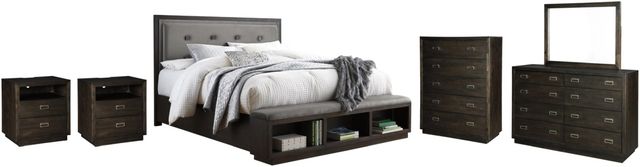 Signature Design by Ashley® Hyndell 6-Piece Dark Brown California King Upholstered Storage Panel Bed Set-0