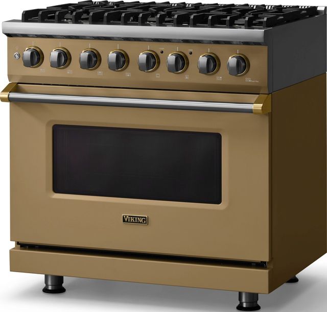 Viking® 5 Series 36" Golden Hour Pro Style Dual Fuel (LP) Range with Brushed Brass Trim-3