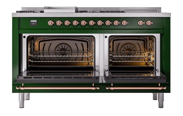 Ilve® Nostalgie II Noblesse 60'' Emerald Green Pro Style Dual Fuel Range with Copper Trim-2