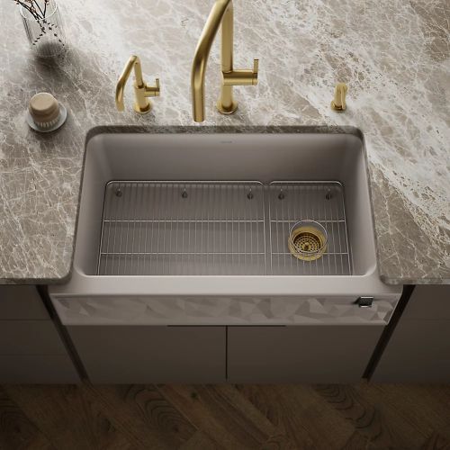 KOHLER® Cairn® Matte Taupe 34" Undermount Single-Bowl Farmhouse Kitchen Sink with Faceted Design-1