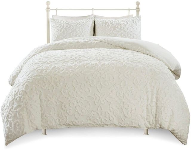 Olliix by Madison Park 3 Piece White Full/Queen Sabrina Tufted Cotton Chenille Duvet Cover Set-0