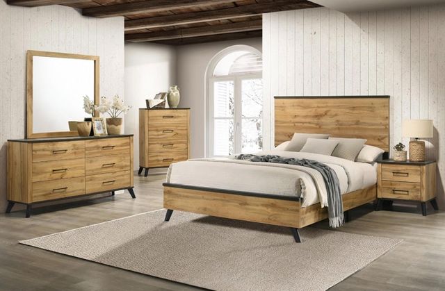 Front view of a contemporary bedroom with the Coaster® Kaywood 4-Piece Natural Pine Queen Bedroom Set