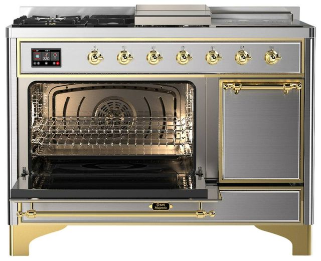Ilve® Majestic III 48" Stainless Steel Pro Style Dual Fuel Natural Gas Range with Solid Door and Brass Trim-3