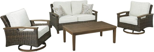 Signature Design by Ashley® Paradise Trail Medium Brown Aluminum/Resin Wicker Outdoor Loveseat with Cushion-3