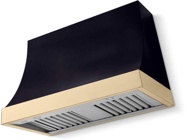 La Cornue Cornufé Marquee 44" Matte Black Wall Mounted Range Hood with Polished Brass Trim-0
