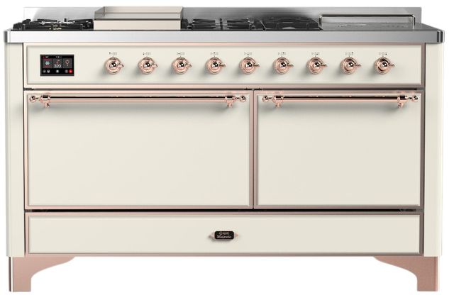 Ilve® Majestic III 60" Antique White Pro Style Dual Fuel Natural Gas Range with Griddle and Copper Trim-0