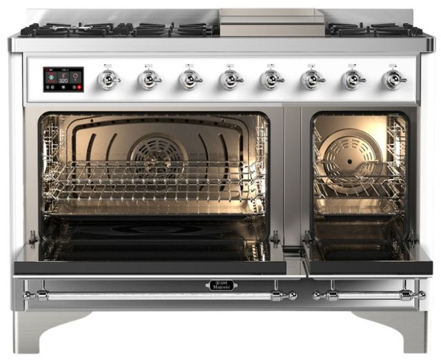 Ilve® Majestic III 48" White Pro Style Dual Fuel Natural Gas Range with Solid Door and Chrome Trim-1