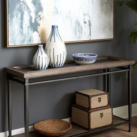 Hammary® Austin Antiqued Medium Brown Sofa Table with Hammered Bronze Frame-1