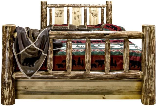 Montana Woodworks® Glacier Country Stain & Clear Lacquer King Storage Bed with Laser Engraved Bear Design-1