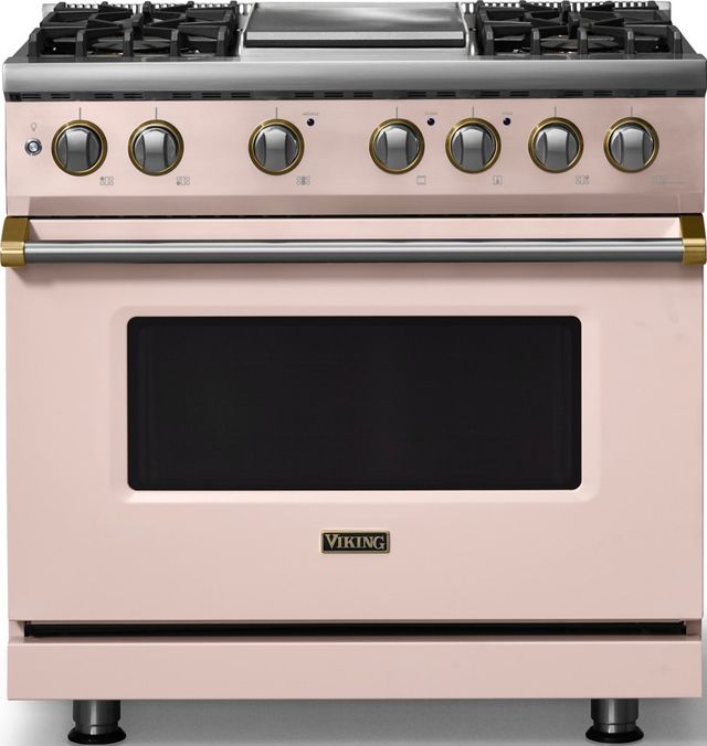 Viking® 5 Series 36" Blush Pro Style Dual Fuel (LP) Range with Brushed Brass Trim-0