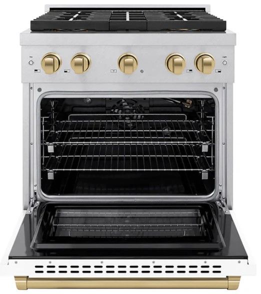 ZLINE Autograph Edition Paramount 30" 4.2 Cu. Ft. Satin Stainless Steel Gas Range with 4 Burner DuoPro™ Cooktop, Convection Gas Oven, White Matte Door and Champagne Bronze Accents-1