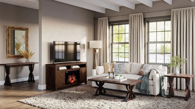 Jofran Inc. Fairview Oak 60" Electric Fireplace Media Console with Logset-1