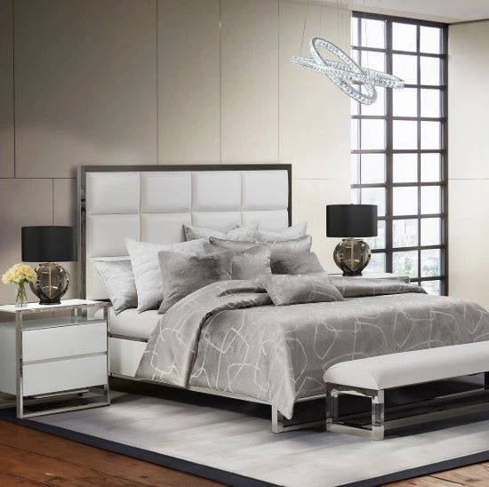 Michael Amini® State St. Glossy White/Stainless Steel Eastern King Upholstered Panel Bed-1