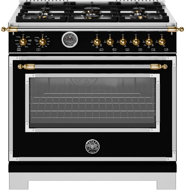 Bertazzoni Heritage Series 36" Fingerprint Resistant Nero Matt Pro Style Gas Range with Gold Accents-0