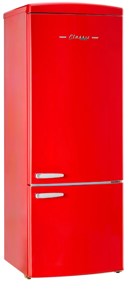Unique Appliances 28” 17 Cu. Ft. Candy Apple Red Bottom Freezer Refrigerator with Chrome Accent Handles
