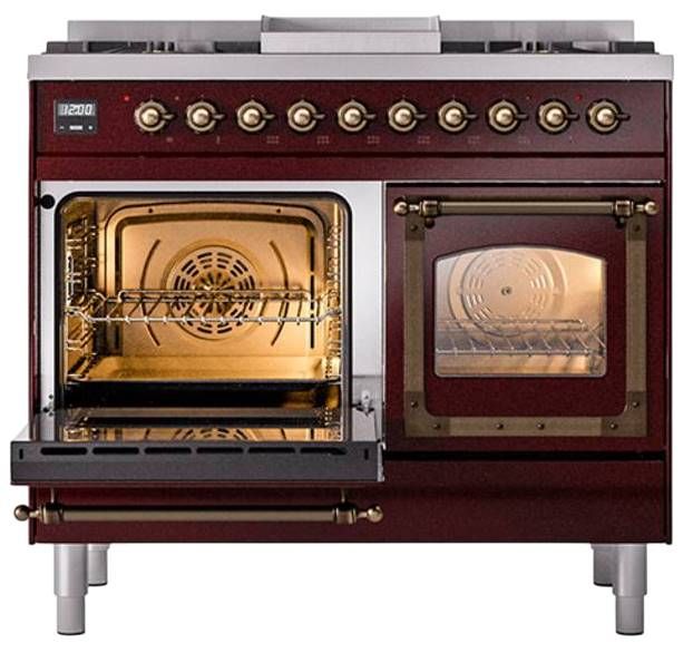 Ilve® Nostalgie II Noblesse 40'' Burgundy Pro Style Dual Fuel Range with Burnished Trim-3