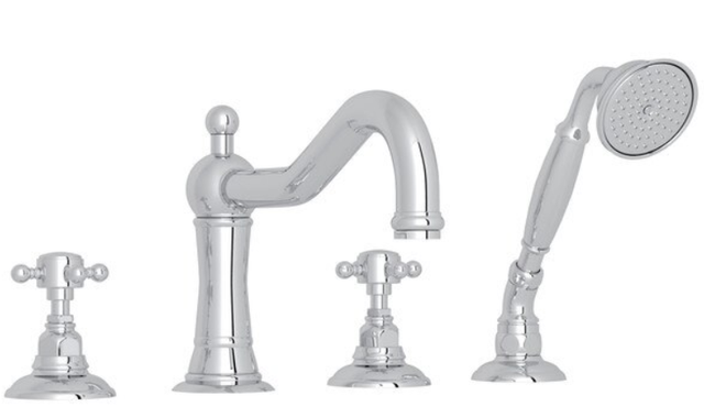 Rohl® Acqui Polished Chrome 4-Hole Deck Mount Column Spout Tub Filler with Handshower-0