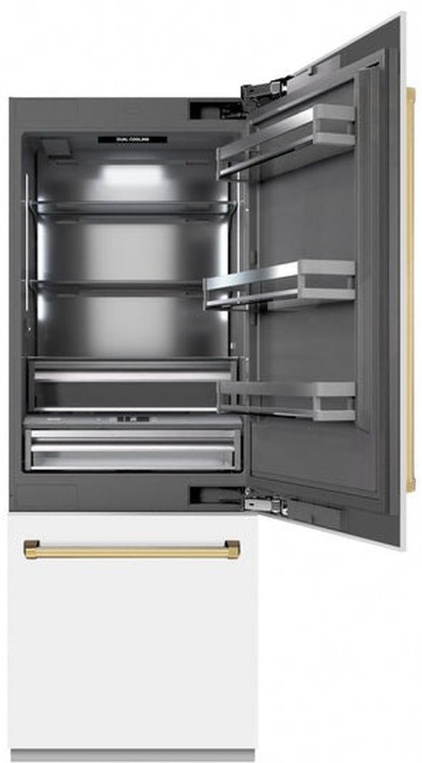 ZLINE Autograph Edition 30" 16.1 Cu. Ft. White Matte Built-In Bottom Freezer Refrigerator with Water Dispenser, Ice Maker, Graphite Gray Interior, and Polished Gold Accents-2
