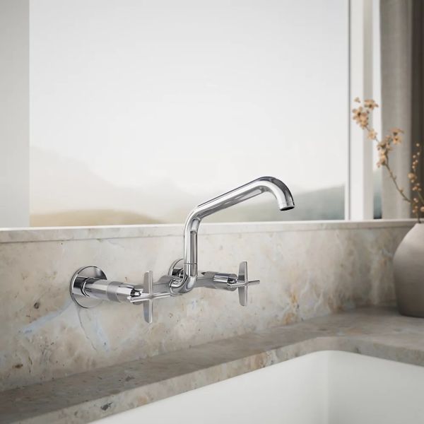 KOHLER® Billet® Polished Chrome 2-Hole Wall-Mount Bridge Kitchen Sink Faucet with Cross Handles-1