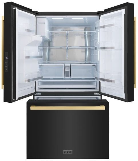 ZLINE Autograph Edition 36". 28.89 Cu. Ft. Fingerprint Resistant Black Stainless Steel French Door Refrigerator with Champagne Bronze Modern Handles-1